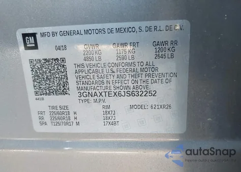 2018 Chevrolet Equinox Lt z USA, uszkodzony, nr VIN 3GNAXTEX6JS632252